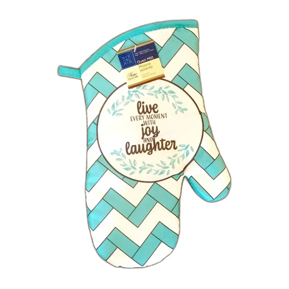 Live With Joy & Laughter NEW Kitchen Set Blue White Oven Mitt Towels Pot Holder